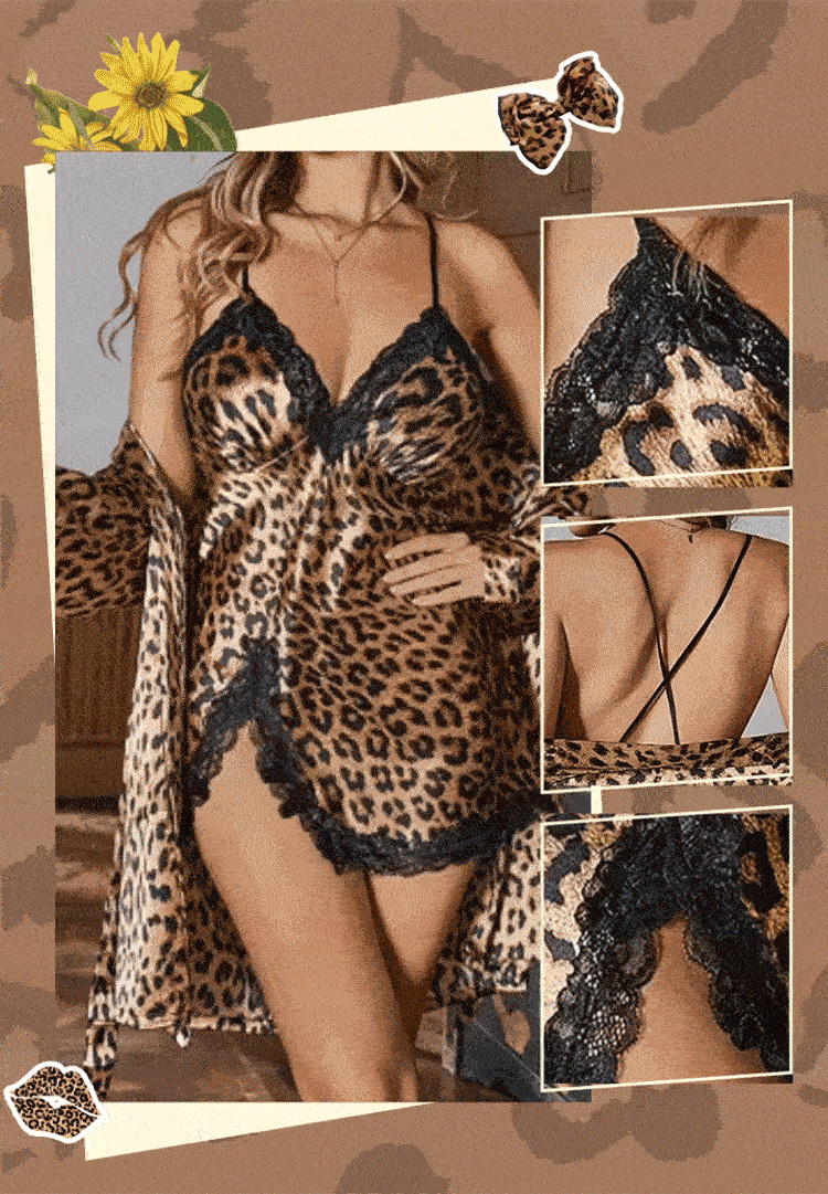 Seksualus dviejų dalių pižamos komplektas su leopardo raštu-LT