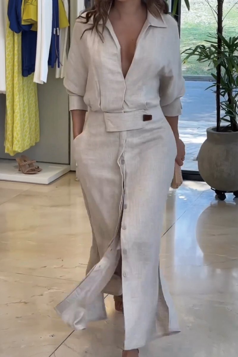 Vienspalvė medvilninė ir lininė maksi suknelė-LT