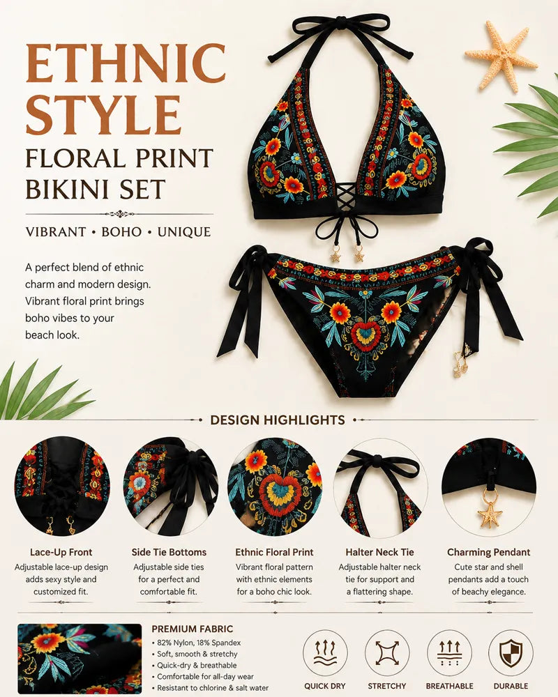 Komplet bikini dla kobiet w stylu etnicznym z kwiatowym nadrukiem