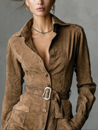 Zomšinė midi suknelė su viena atlapų eile ir ilgomis rankovėmis-LT