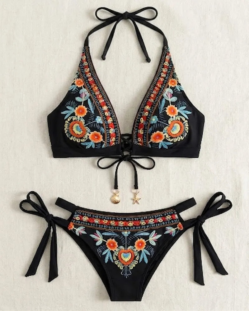 Komplet bikini dla kobiet w stylu etnicznym z kwiatowym nadrukiem