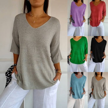 🔥Νέο στυλ 2024🥰 Μονόχρωμο πλεκτό τοπ με V λαιμόκοψη-LT