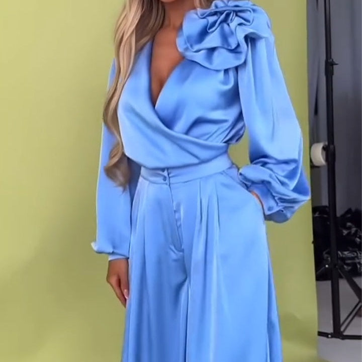 Luxusná súprava so saténovou košeľou a širokými nohavicami-SK