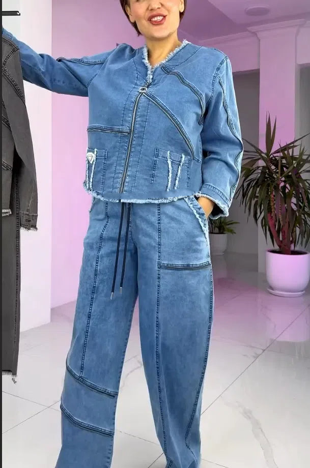 Γυναικείο vintage τζιν κοστούμι με φερμουάρ-GR