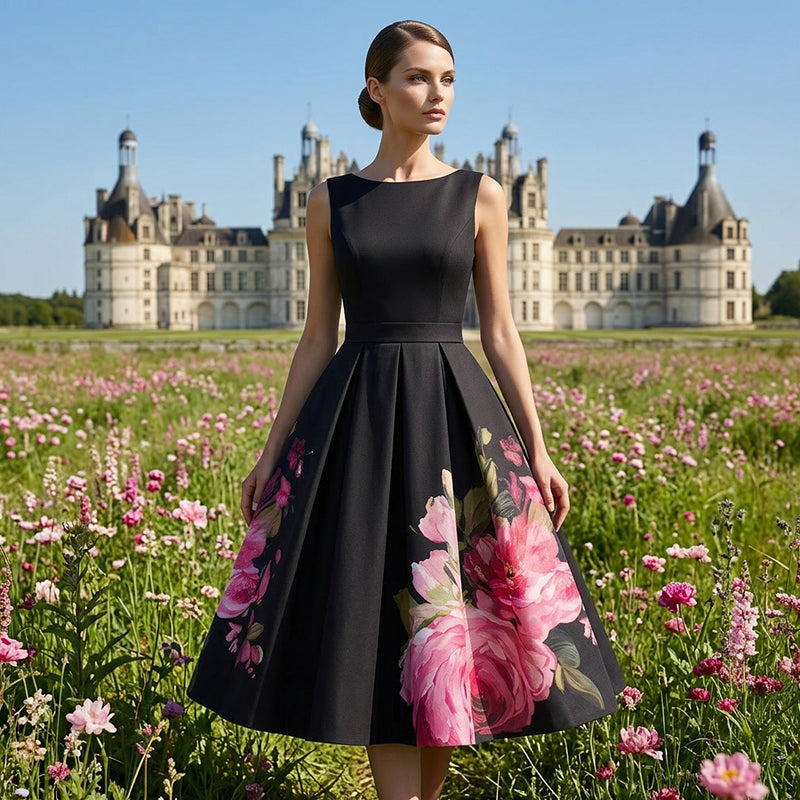 🌸Elegancka, bezrękawa, sukienka midi w kształcie litery A z kwiatowym nadrukiem👗❤️