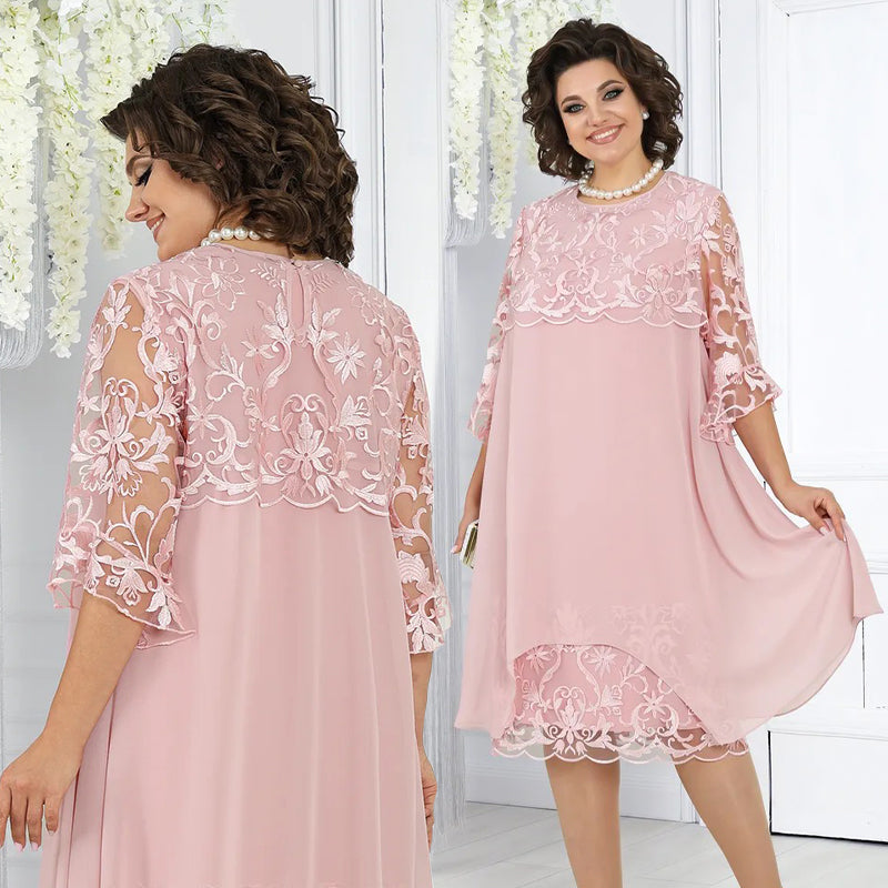 Moteriška laisva nėriniuota midi suknelė-LT