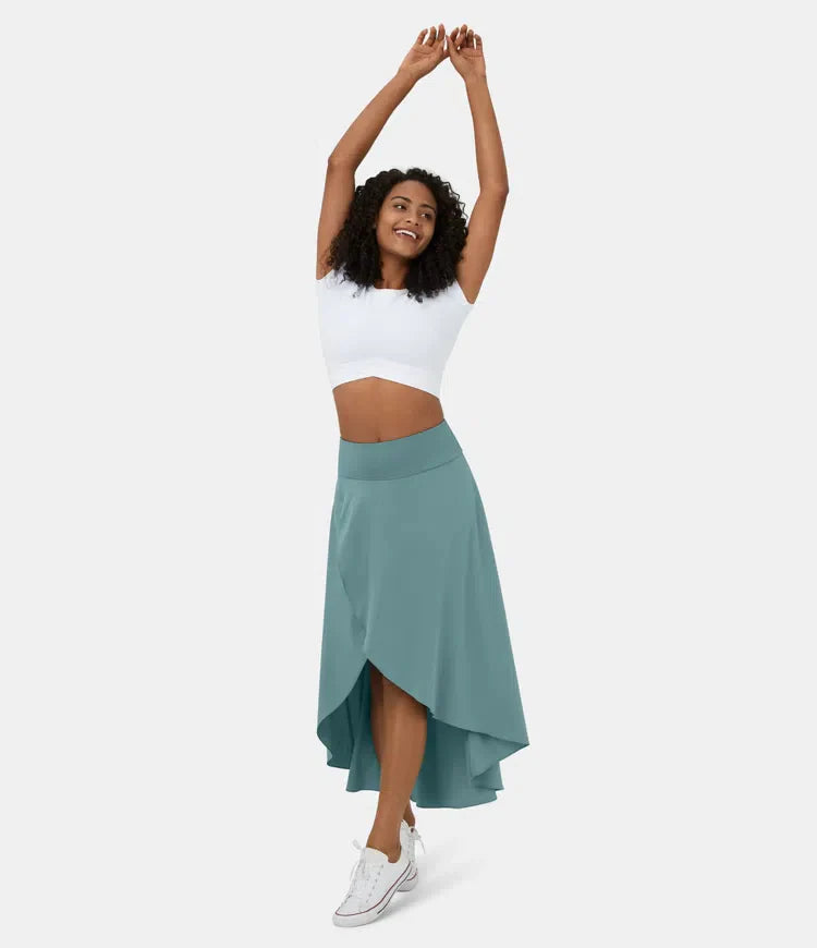 2 viename greitai džiūstantis laisvalaikio midi sijonas su aukštu juosmeniu ir mažais raukiniais-LT