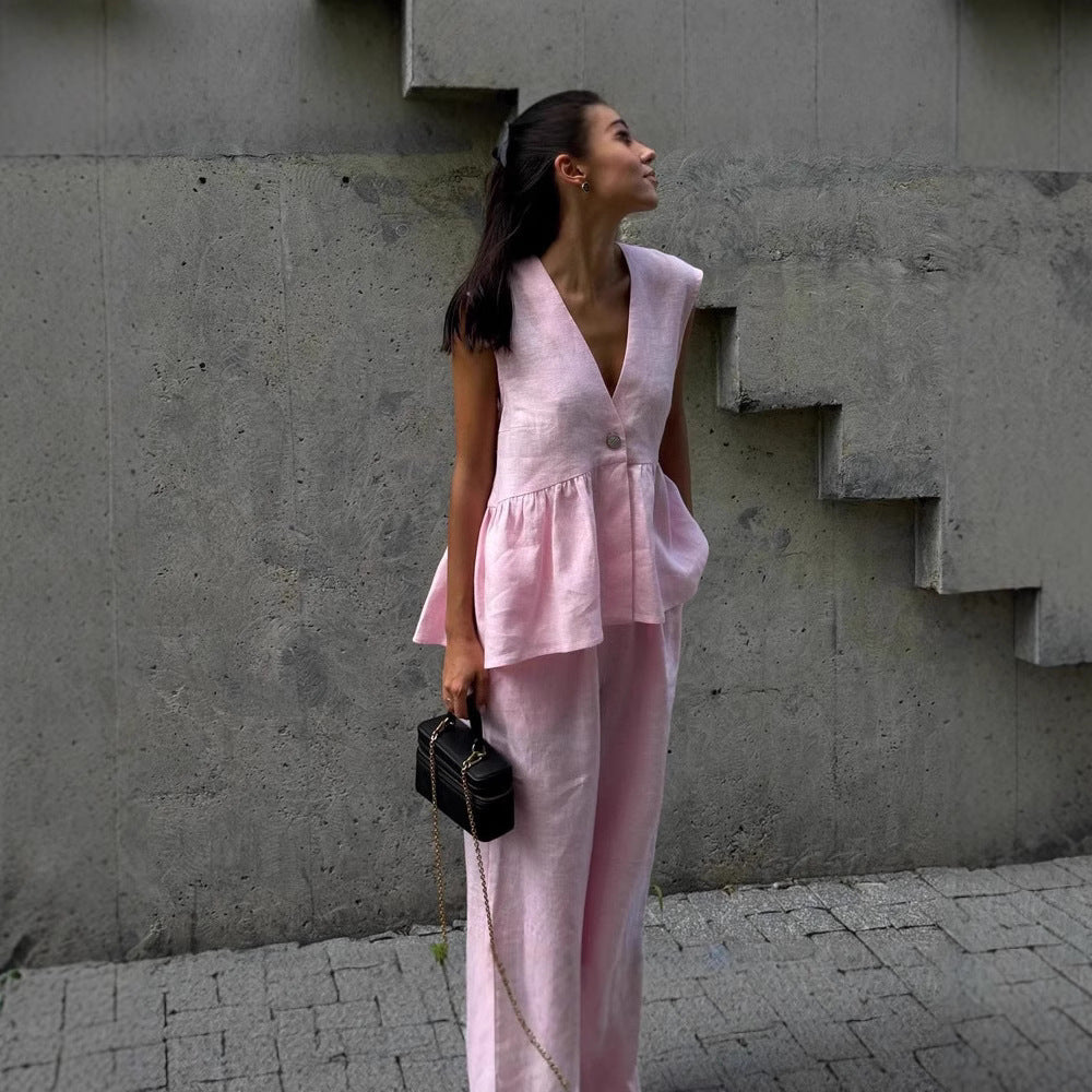 Dámska dvojdielna súprava z pevnej bavlny, výstrih do V, bez rukávov, blúzka a nohavice-SK