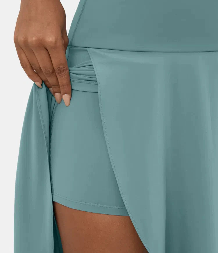 2 viename greitai džiūstantis laisvalaikio midi sijonas su aukštu juosmeniu ir mažais raukiniais-LT