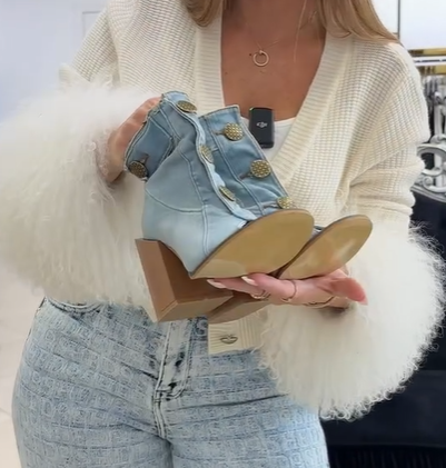 Μοντέρνα γυναικεία ψηλοτάκουνα παπούτσια από τζιν με κουμπιά-LT 