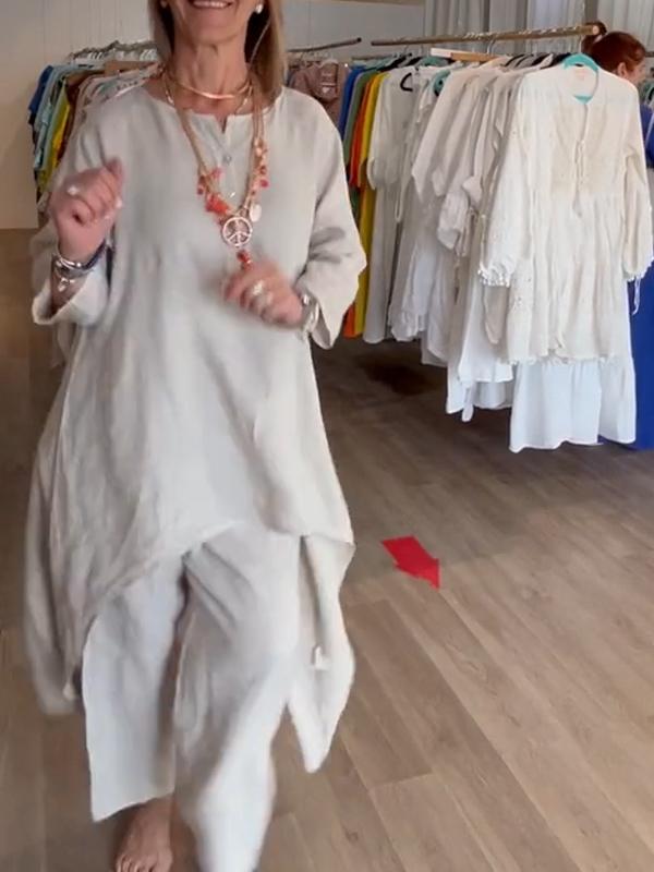 Γυναικείο λινό κοστούμι σε μονόχρωμο-GR