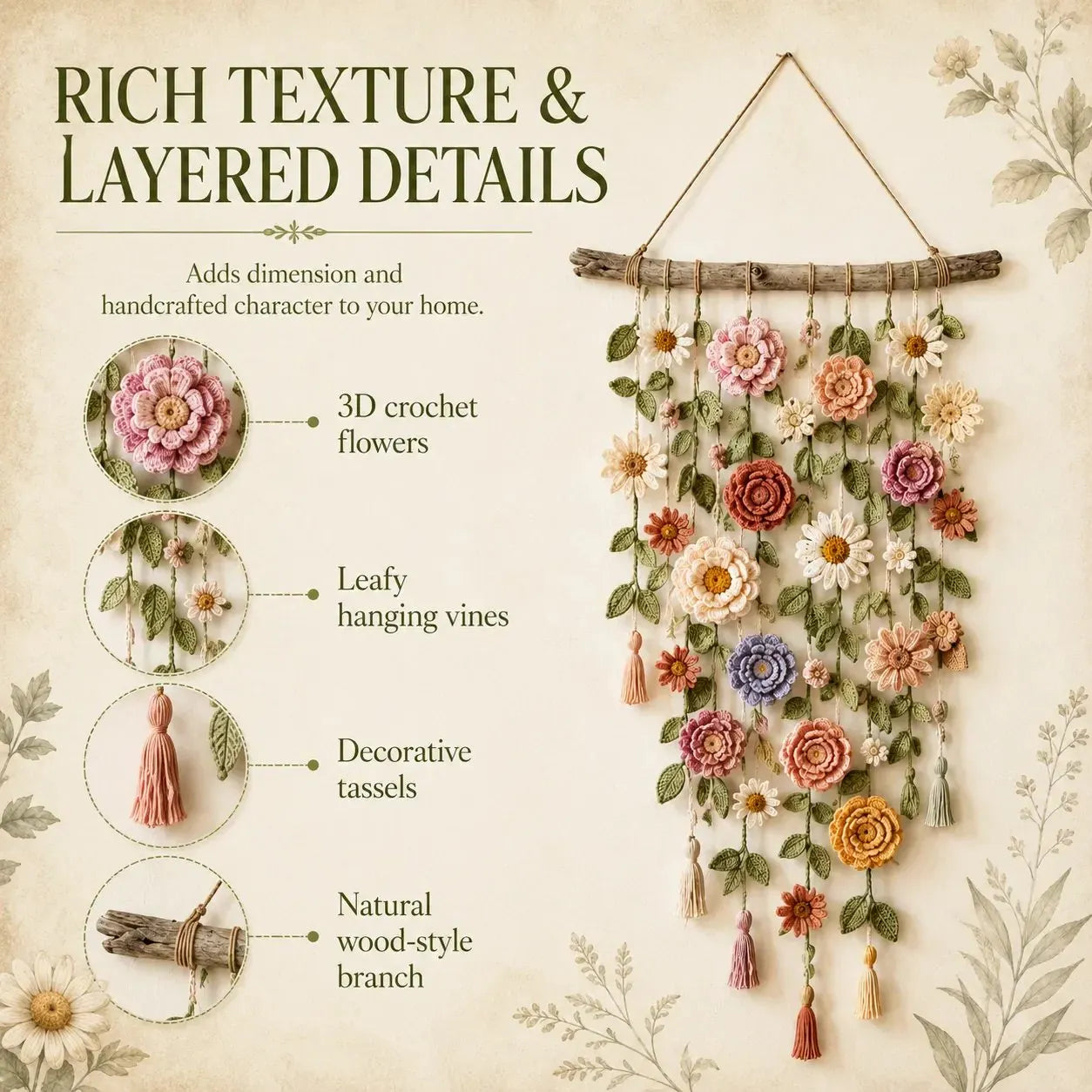 🌸Boho szydełkowa dekoracja ścienna z kwiatami