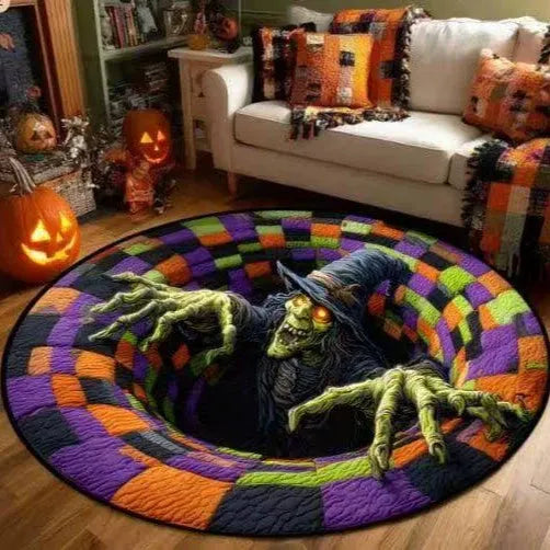 🔥Ostatnia wyprzedaż🎃Pikowany okrągły dywan na Halloween z trójwymiarowym szkieletem i spiralą