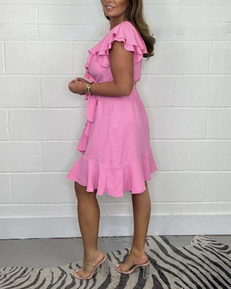 2025 m. vasaros nauja suknelė V formos iškirpte, vienspalvė raukini suknelė-LT