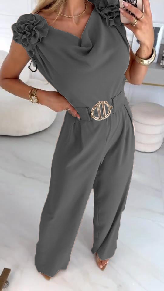 Moteriškas vasarinis kombinezonas be rankovių su 3D gėlių raštu ir V formos iškirpte-LT