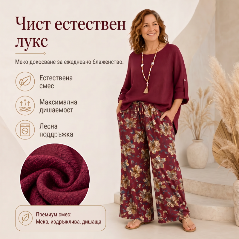 🌼🔥49% zniżki! Damski komplet w stylu boho z bawełny i lnu, z rękawami 3/4 i szerokimi spodniami