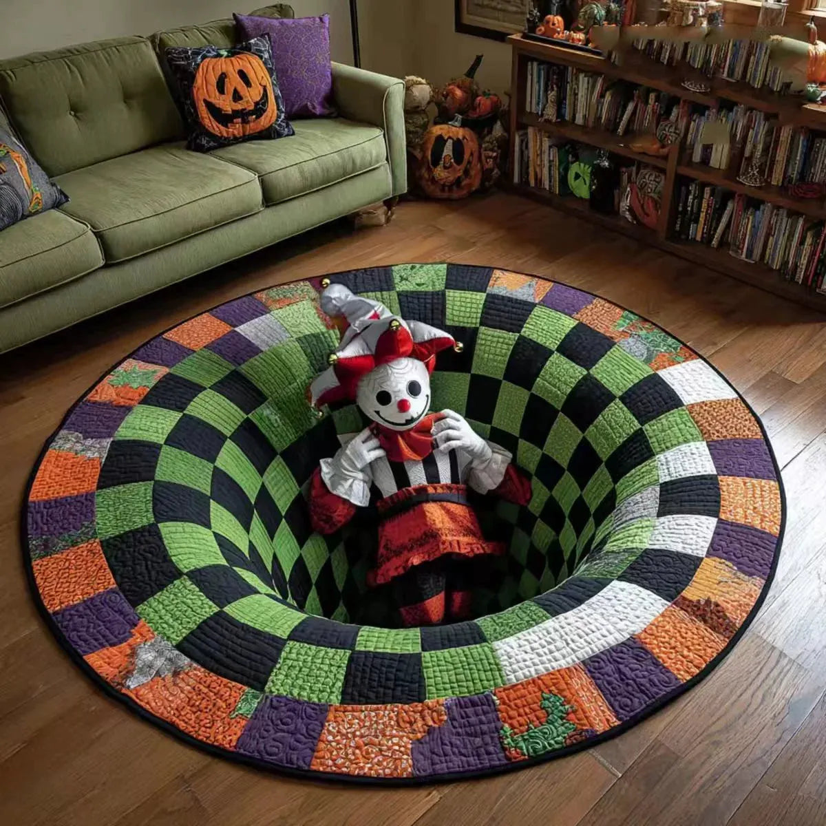 🔥Ostatnia wyprzedaż🎃Pikowany okrągły dywan na Halloween z trójwymiarowym szkieletem i spiralą