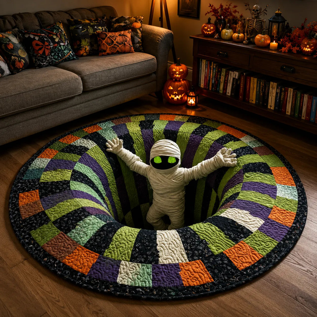 🔥Ostatnia wyprzedaż🎃Pikowany okrągły dywan na Halloween z trójwymiarowym szkieletem i spiralą