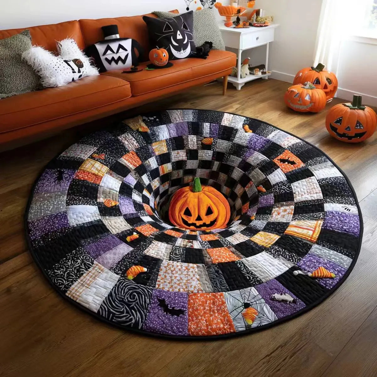 🔥Ostatnia wyprzedaż🎃Pikowany okrągły dywan na Halloween z trójwymiarowym szkieletem i spiralą