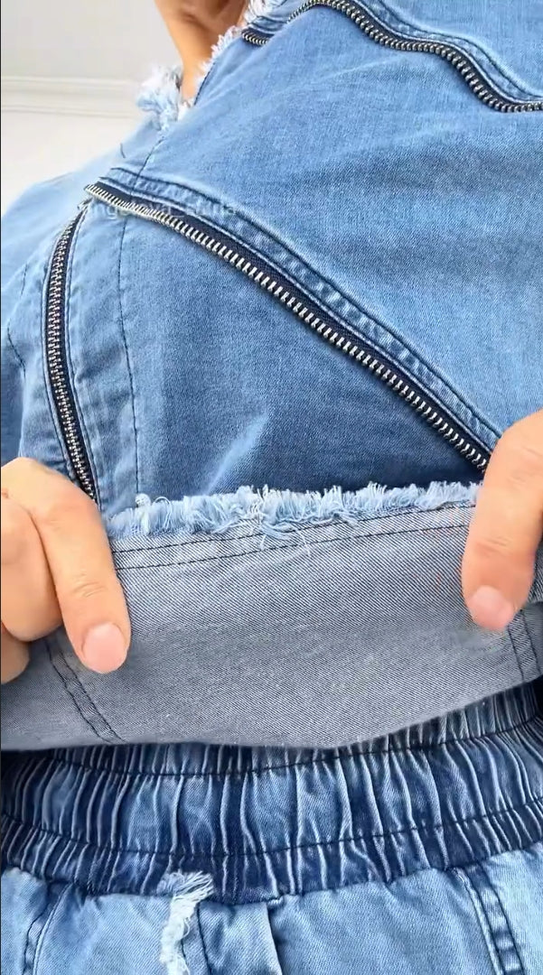 Traje vaquero vintage para mujer con cremallera-ES