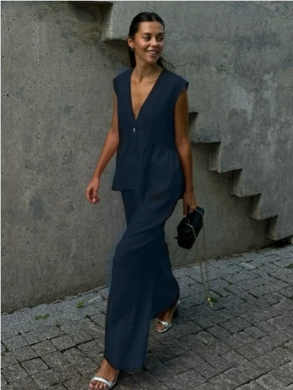 Dámska dvojdielna súprava z pevnej bavlny, výstrih do V, bez rukávov, blúzka a nohavice-SK