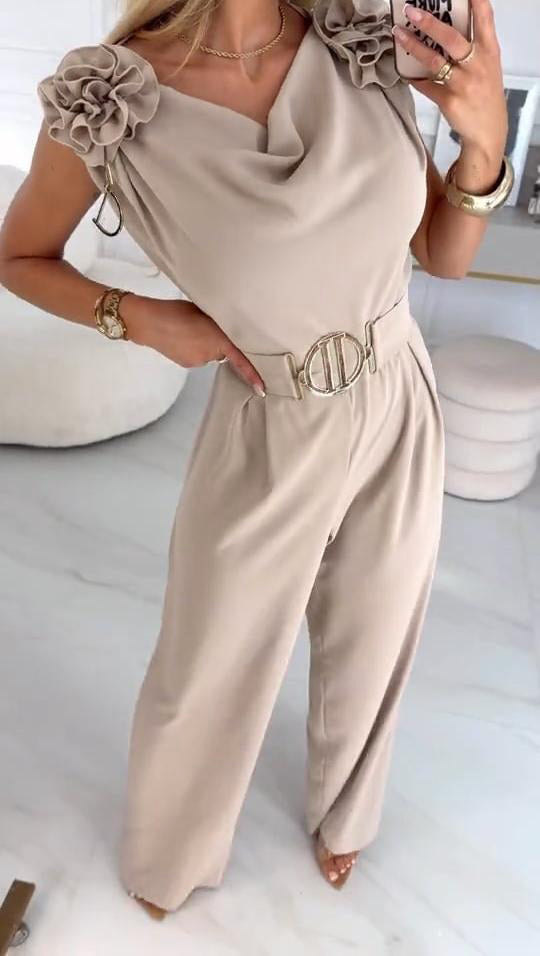 Moteriškas vasarinis kombinezonas be rankovių su 3D gėlių raštu ir V formos iškirpte-LT