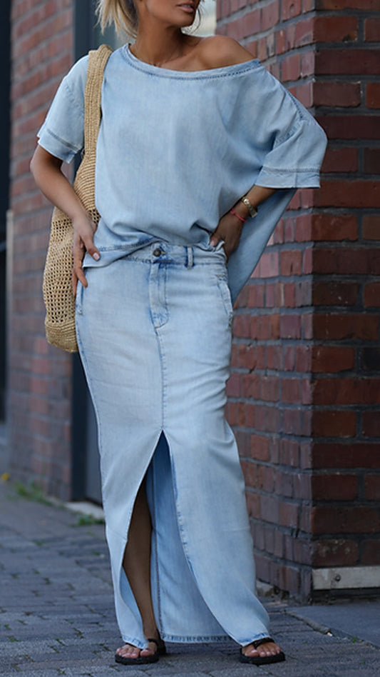 Moteriškas laisvalaikio kostiumas apvalia kaklo iškirpte iš tencel džinso-LT