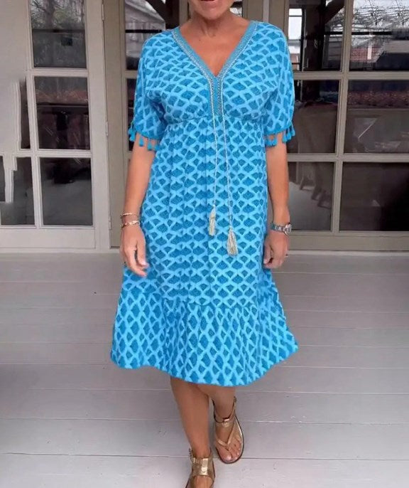 🔥V-kaklo kutų krašto rankovėmis marginta Midi šaty