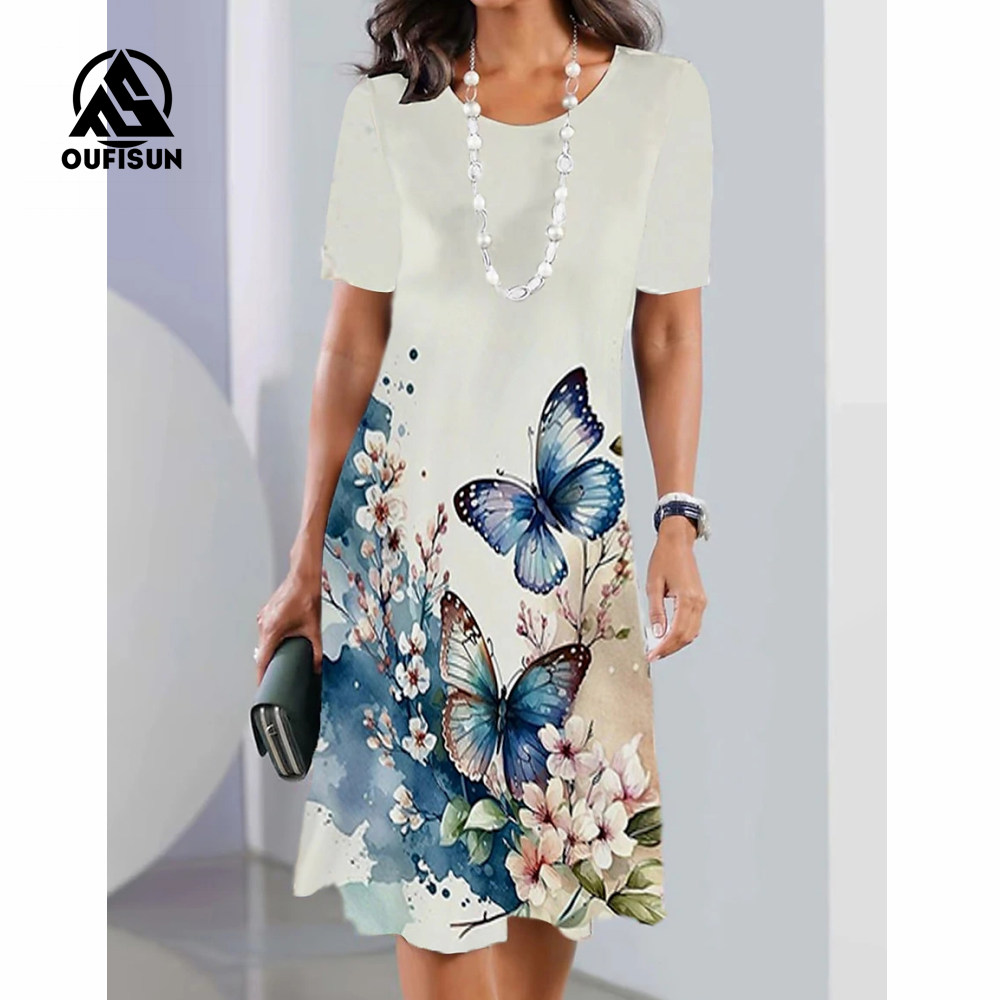 Madingi gėlių raštai trumpomis rankovėmis Maxi suknelės Butterfly gėlėta ilga suknelė-LT