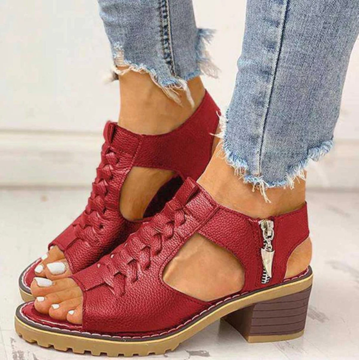 Γυναικεία ορθοπεδικά μπλοκ πέδιλα τακούνι με φερμουάρ στο πλάι-GR