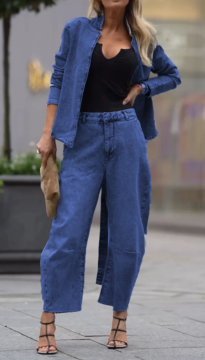 Moteriškas apvalios iškirptės paltas ir kelnės laisvalaikio komplekte-LT