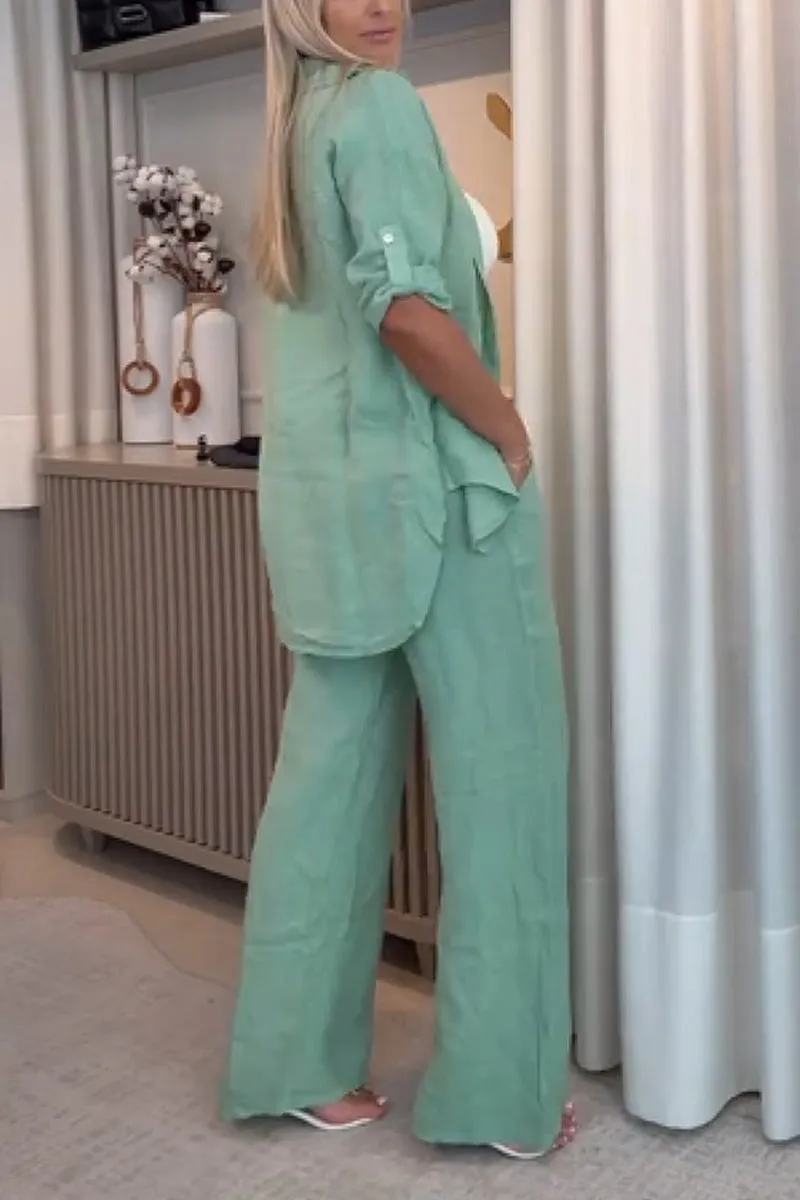 Γυναικείο casual μονόπετο κοστούμι από βαμβάκι και λινό με πέτα, δύο τεμαχίων-GR