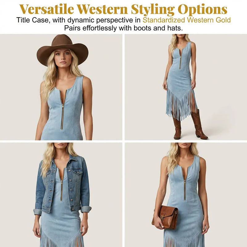 LIMITED-TIME 50% OFF! ✨ Retro Western Tassel Sleeveless Slim Dress – Fringe Hem, Front Zipper, Cowgirl Style