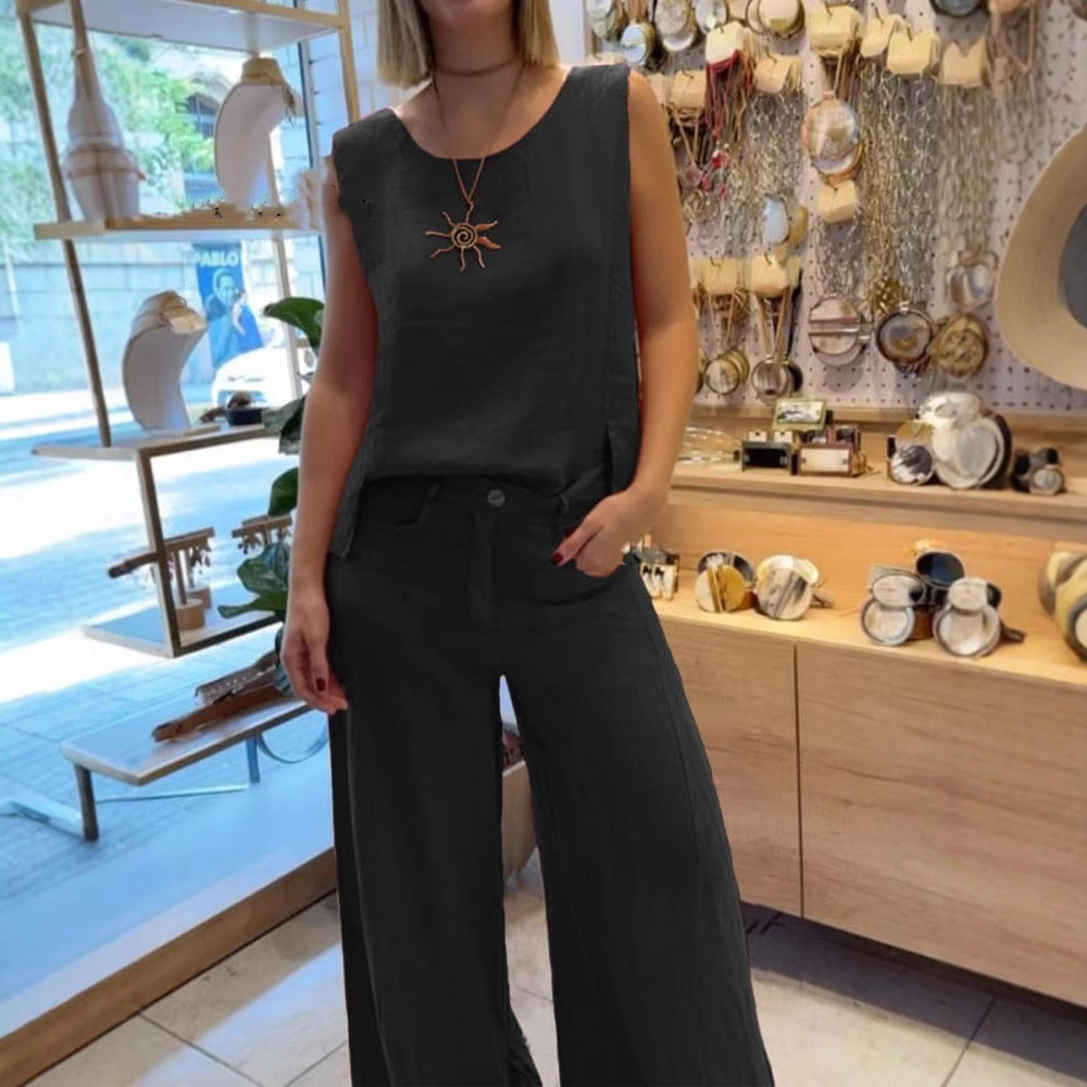 Vienspalvis medvilninis ir lininis kelnių komplektas be rankovių-LT