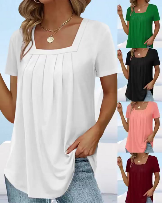 🎁Μονόχρωμο κοντομάνικο μπλουζάκι με τετράγωνη λαιμόκοψη-LT