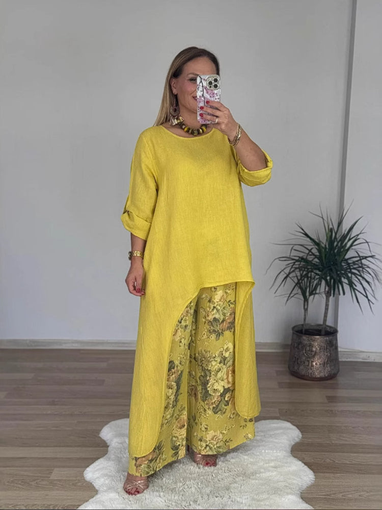 Laisvalaikio stiliaus netaisyklingo viršaus ir plačių kelnių komplektas iš medvilnės ir lino-LT