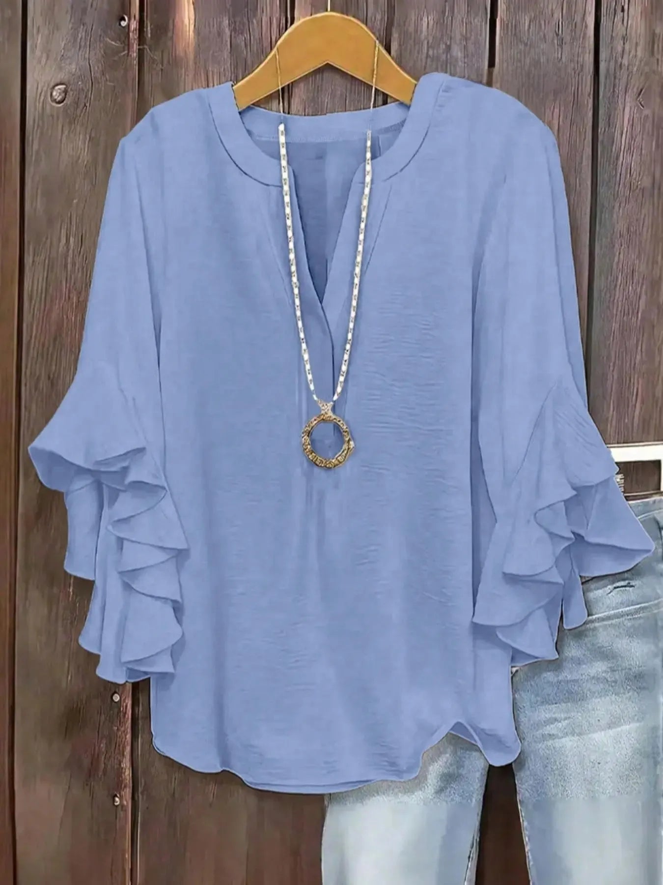 Plus Size Women's Ruffle Sleeve V-Neck Shirt, Elegant Floral Design, Comfortable and Stylish, Perfect for Casual Wear