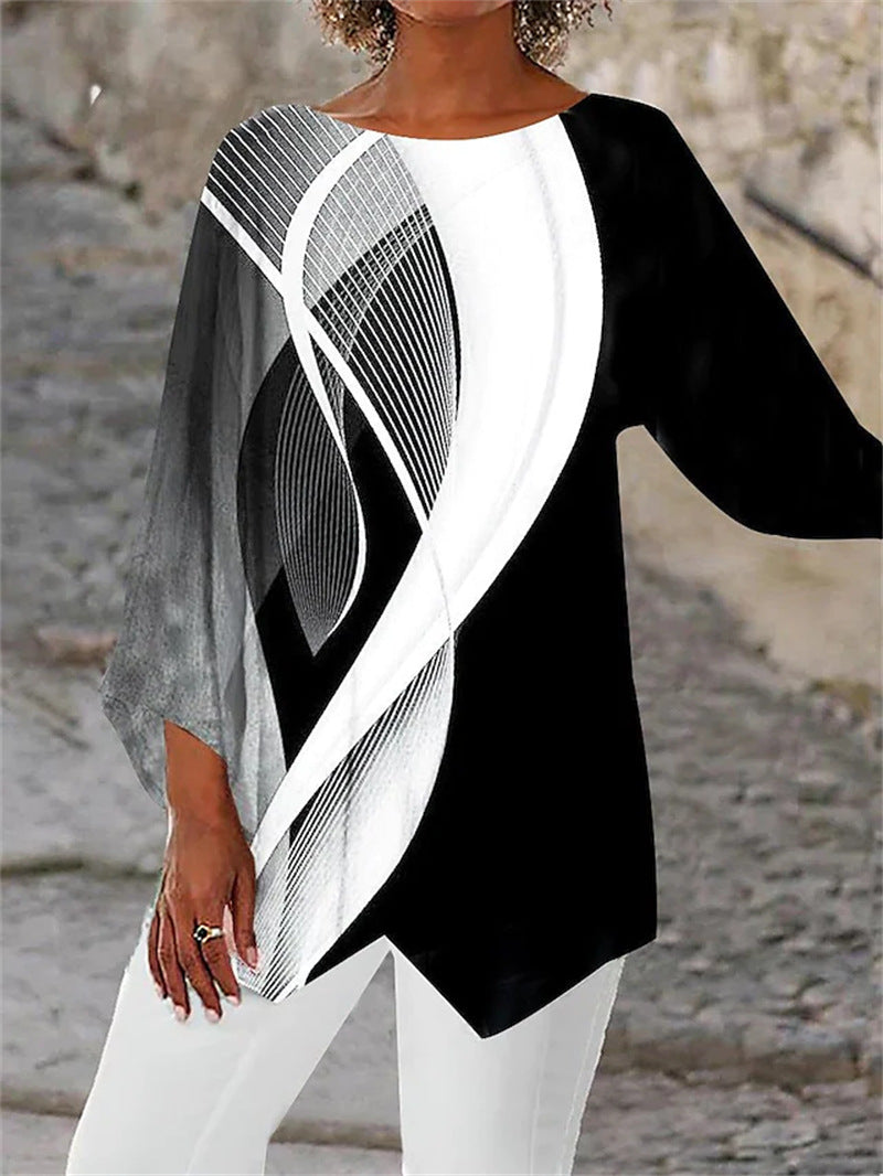 [S-5XL] Nauji 2025 m. spausdinti marškiniai apvalia iškirpte ilgomis rankovėmis-LT