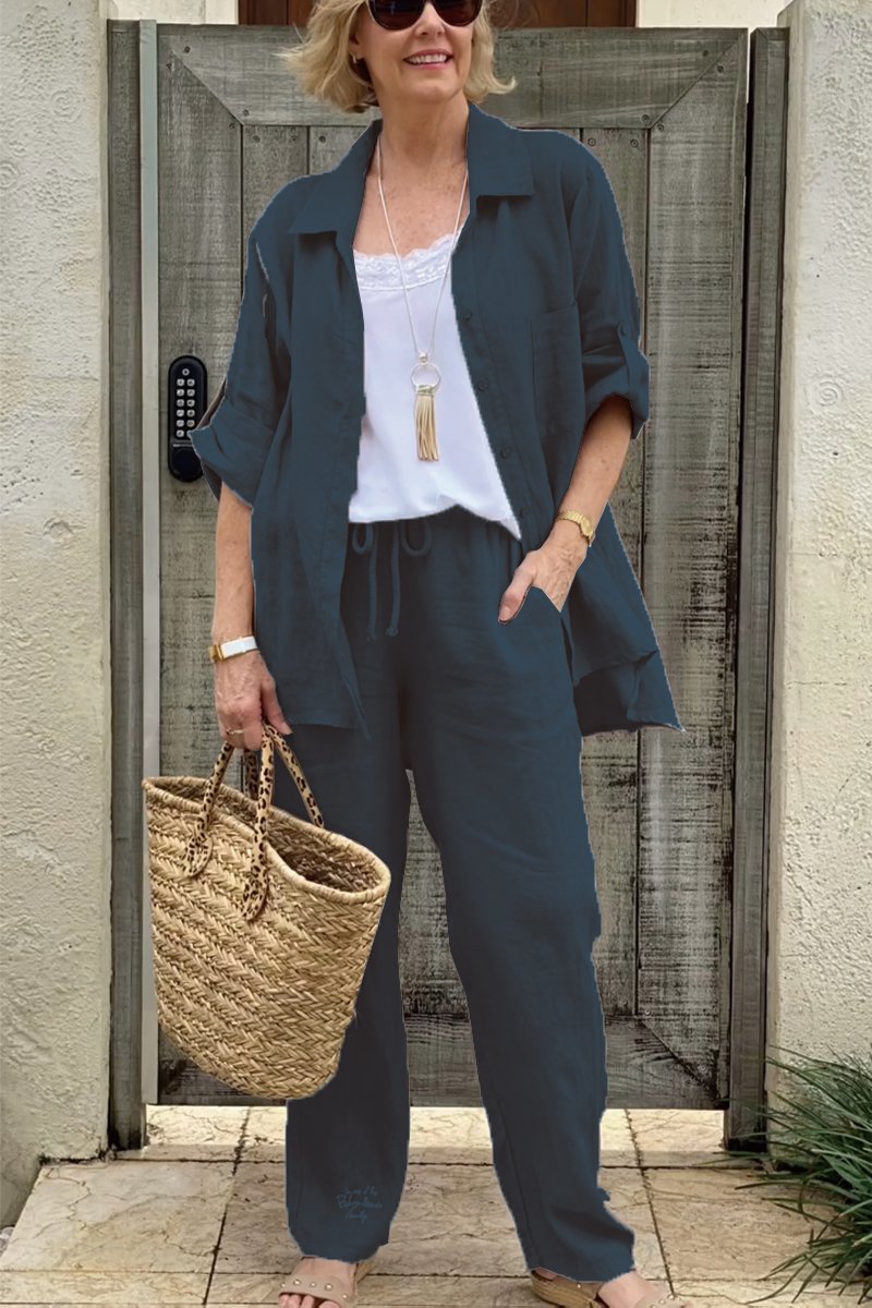 Dviejų dalių laisvalaikio marškinių rinkinys iš medvilnės ir lino-LT