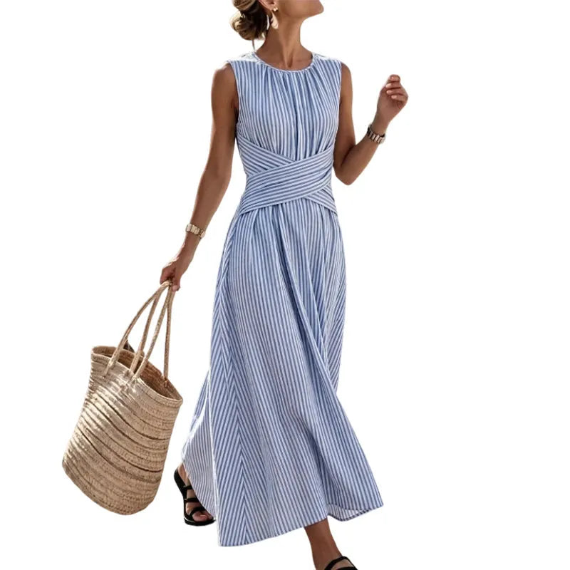 👗OGRANICZONA CZASOWO ZNIŻKA 50%! Damska sukienka maxi bez rękawów w paski podkreślająca talię