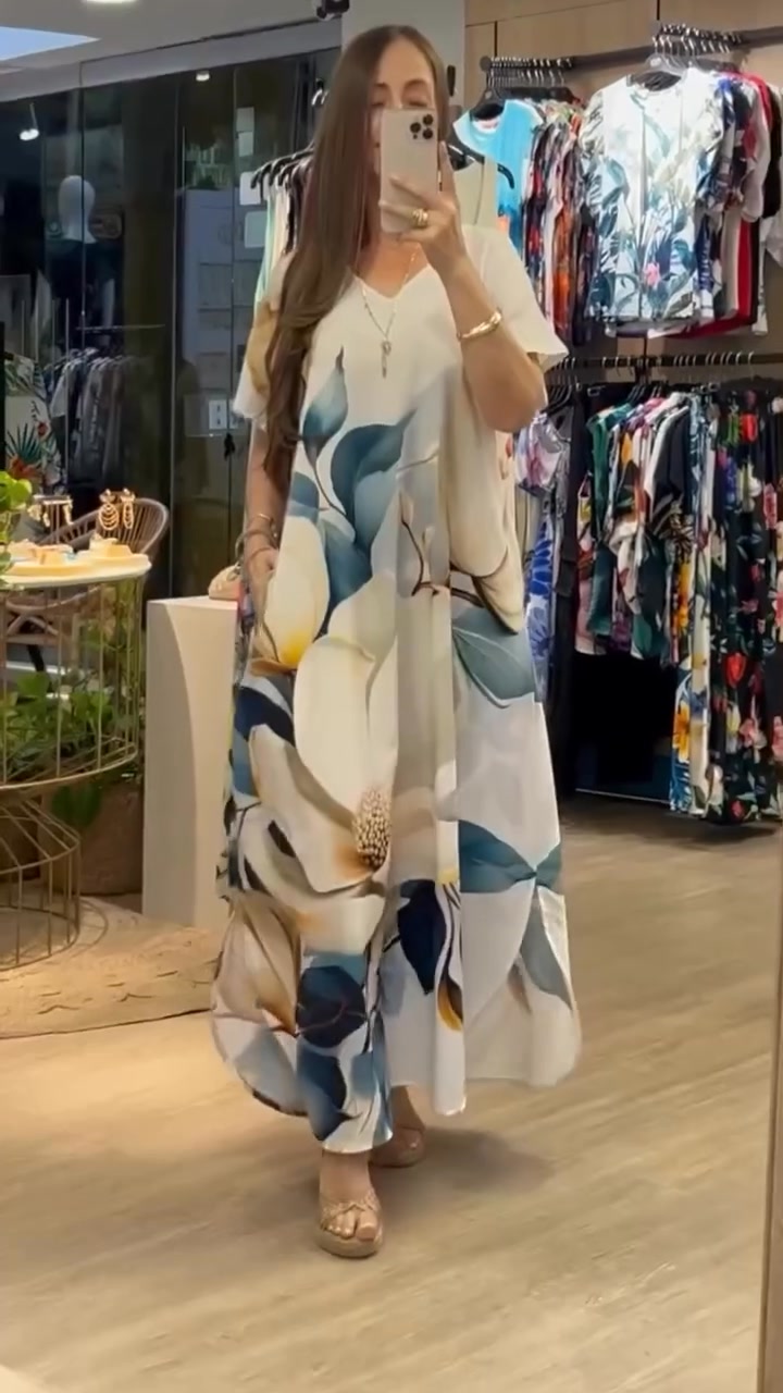 Moteriška laisva, kasdieniška suknelė V formos iškirpte, raštu ir trumpomis rankovėmis-LT