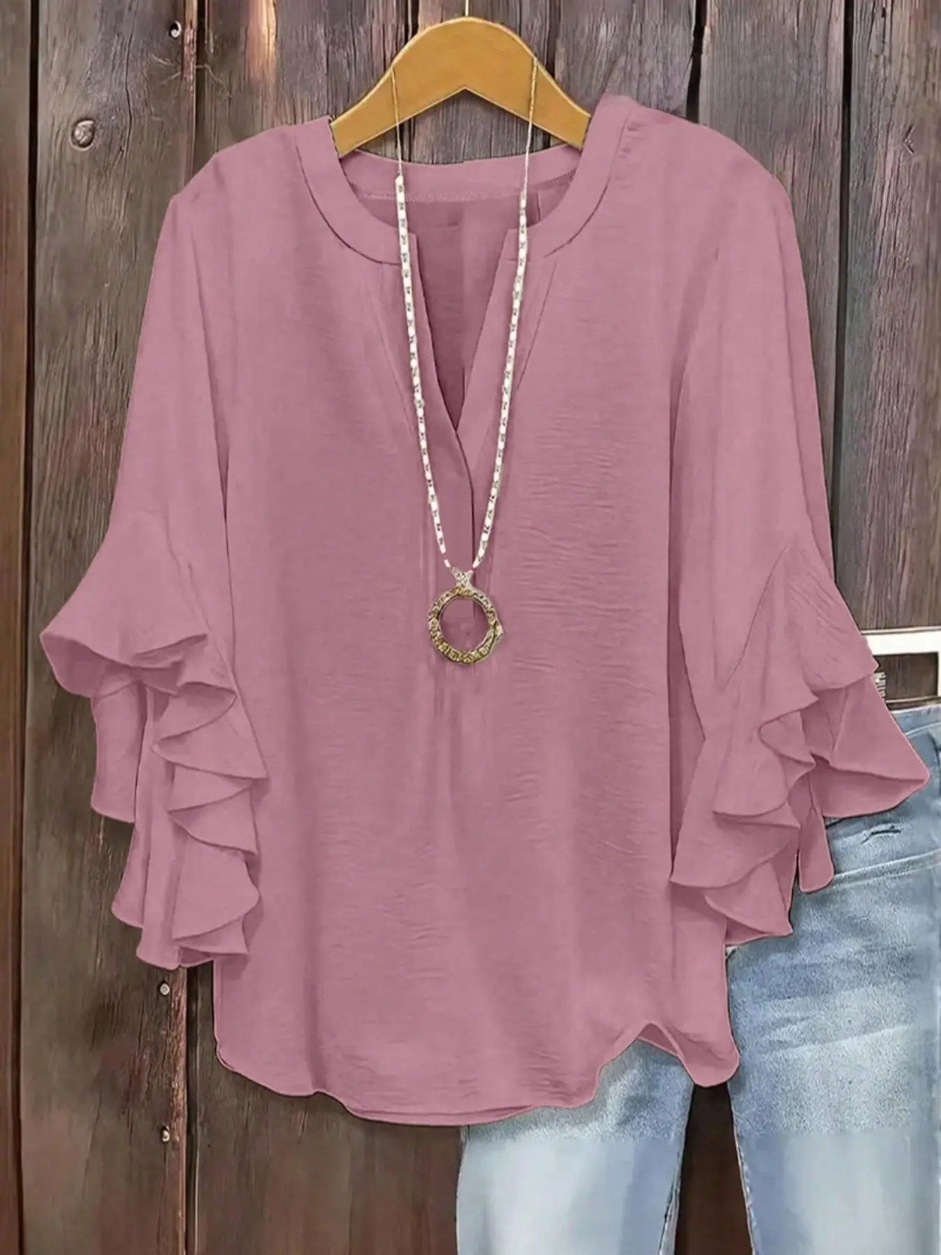 Plus Size Women's Ruffle Sleeve V-Neck Shirt, Elegant Floral Design, Comfortable and Stylish, Perfect for Casual Wear