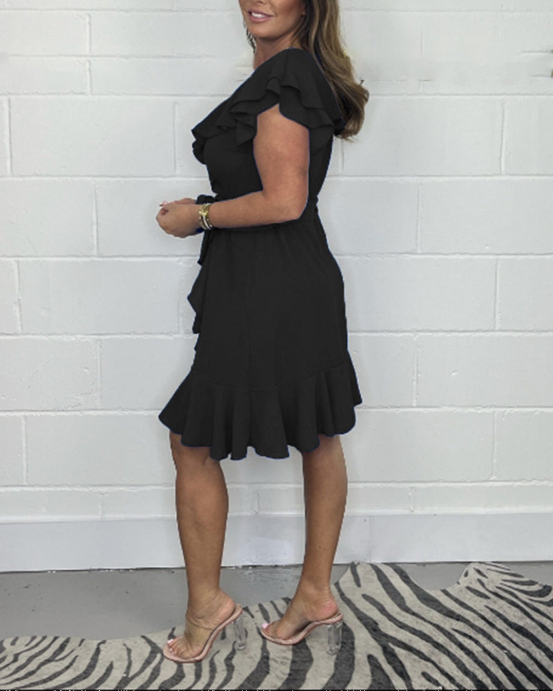 2025 m. vasaros nauja suknelė V formos iškirpte, vienspalvė raukini suknelė-LT