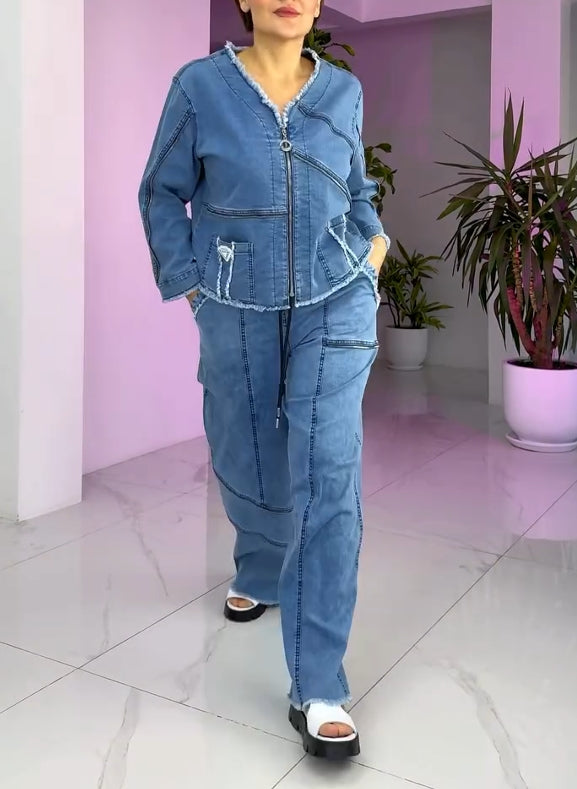 Moteriškas vintažinis džinsinis kostiumas su užtrauktuku-LT