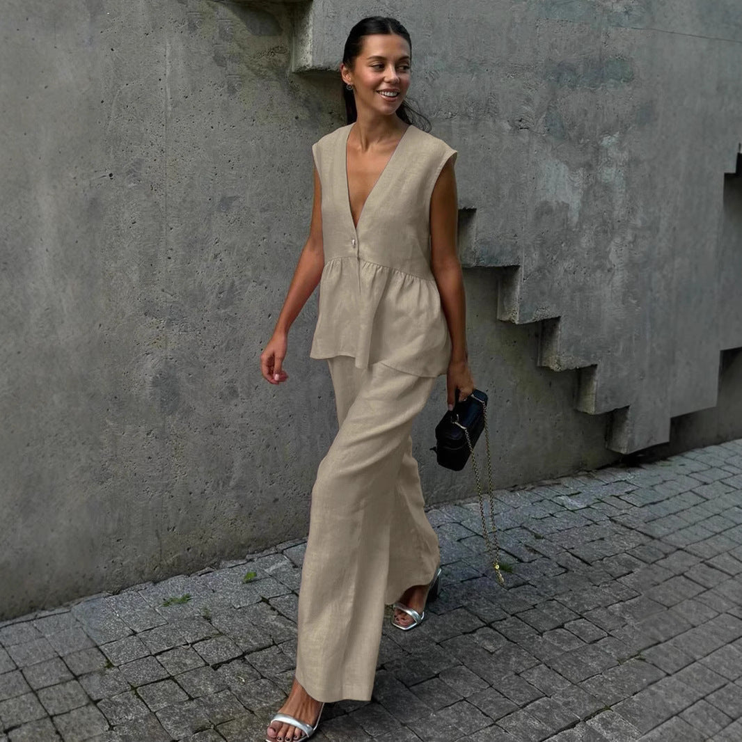 Moteriškas dviejų dalių komplektas iš vientisos medvilnės, V formos iškirptė, be rankovių, palaidinė ir kelnės-LT