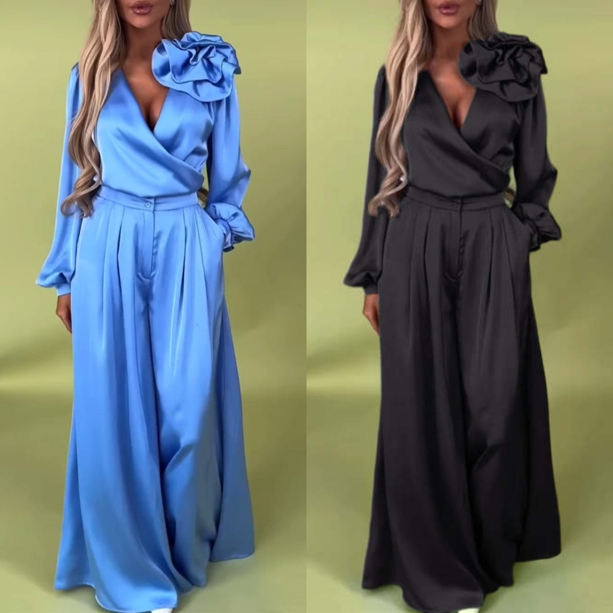 Luxusná súprava so saténovou košeľou a širokými nohavicami-SK