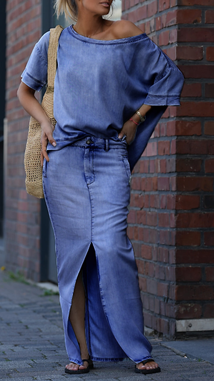 Moteriškas laisvalaikio kostiumas apvalia kaklo iškirpte iš tencel džinso-LT