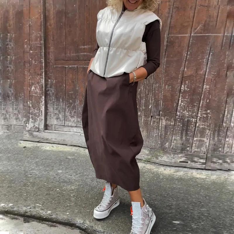 Paprasta elegantiška suknelė moterims su kišenėmis-LT