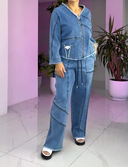 Traje vaquero vintage para mujer con cremallera-ES