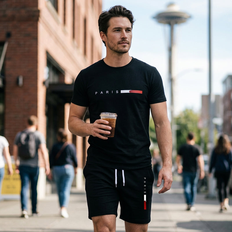 👕 30% ZNIŻKI TERAZ! ⏰ Dwuczęściowy męski komplet z nadrukiem – Miękki i przewiewny – Luźny krój, idealny na letni relaks lub codzienne wyjścia – W komplecie top i szorty 🩳